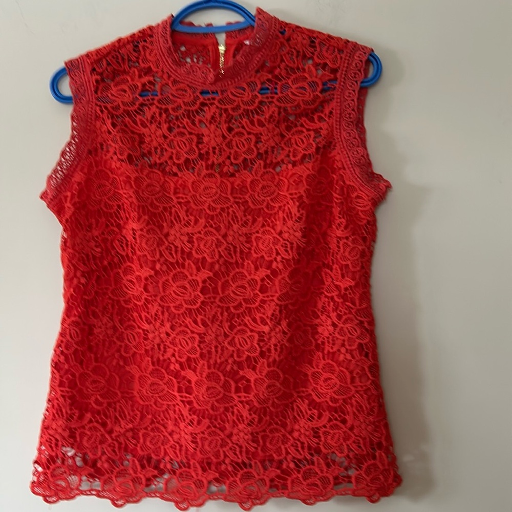 Nanette Lepore lined lacy crochet top open lace on chest zip in back  size S